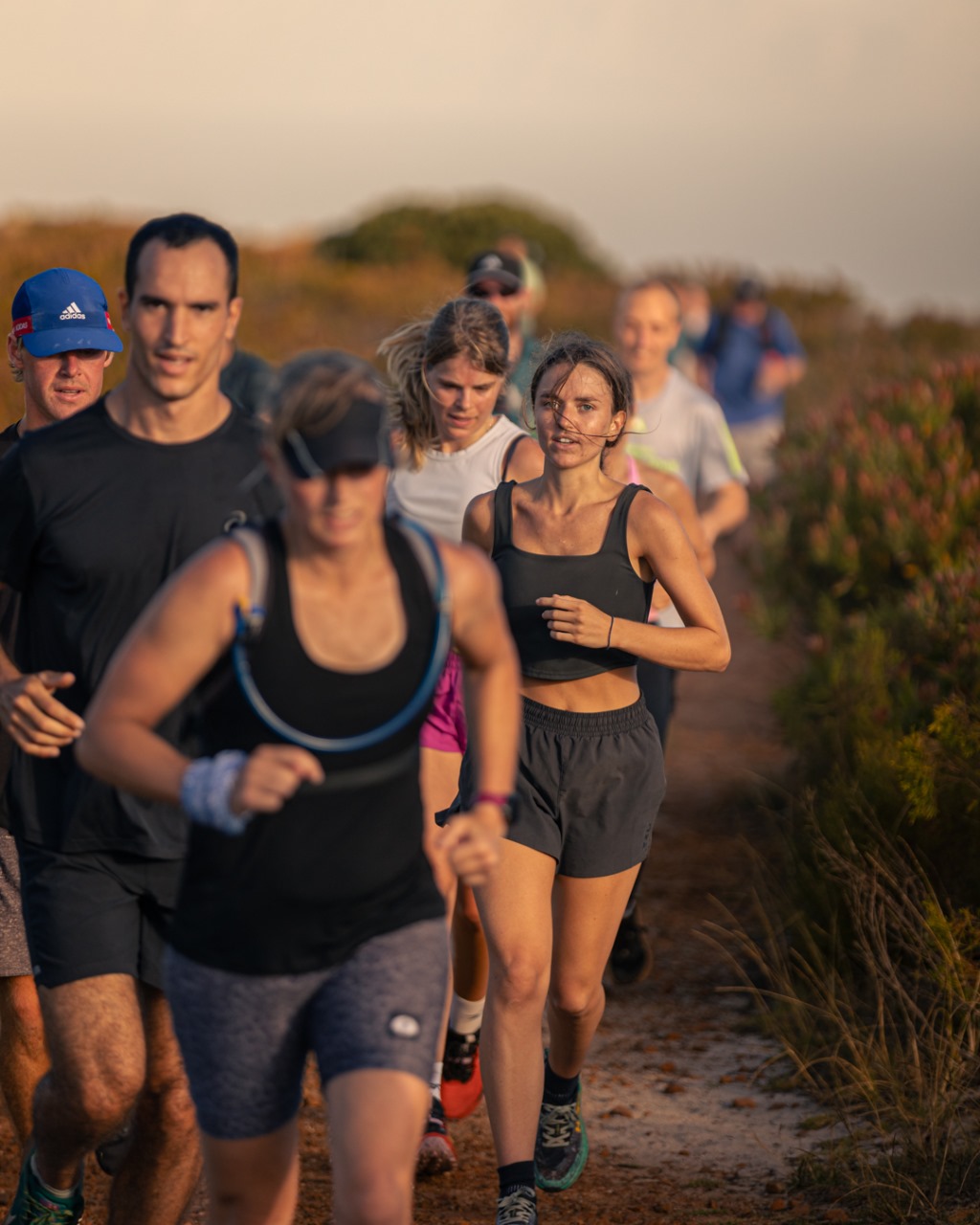 Group of diverse runners during golden hour on trail showing community spirit